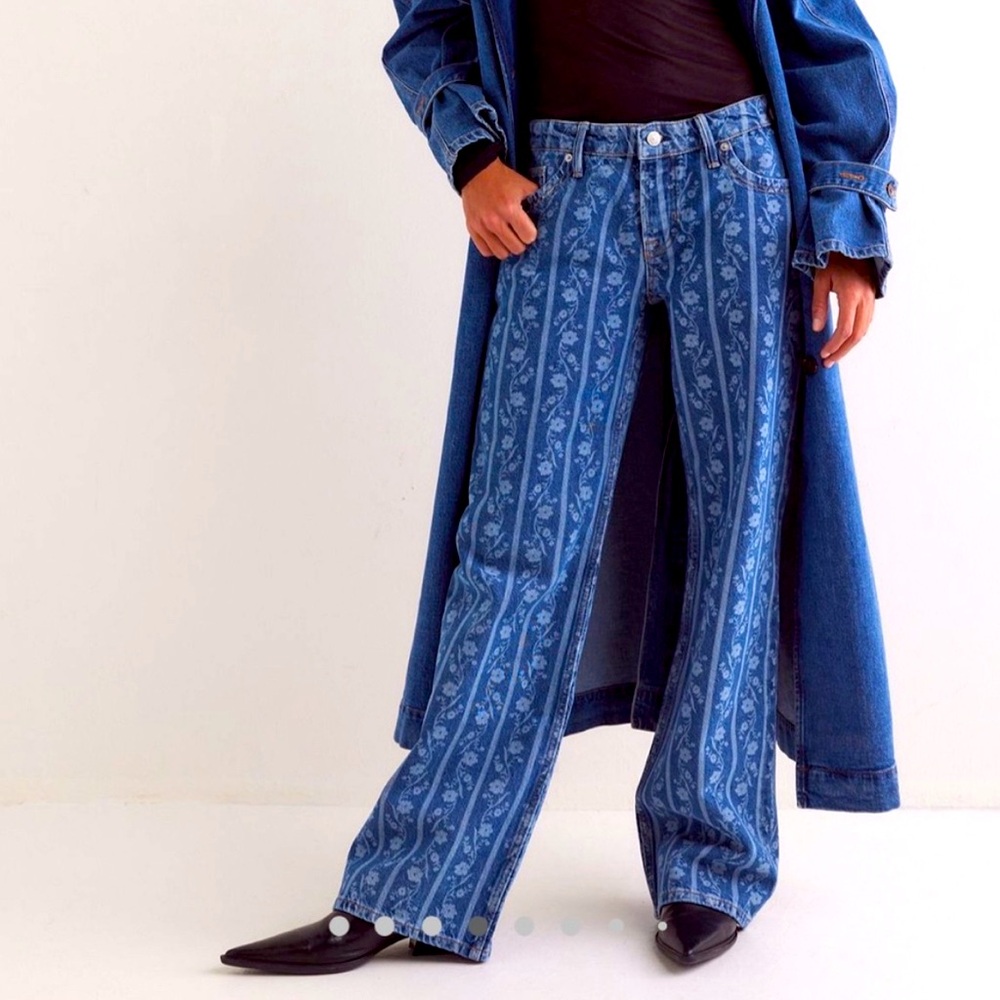 We The Free Blue Floral Stripe Wide Leg Jeans
